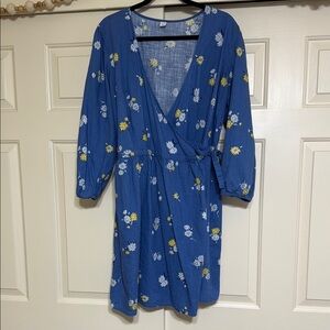 Old Navy Blue and Yellow Wrap Sundress with Bishop Sleeves